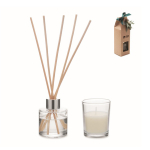 Coffret avec diffuseur en verre et bougie parfumée à la vanille couleur beige vue avec zone d'impression
