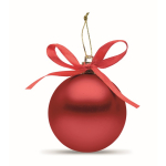 Boule de Noël à suspendre avec ruban, présentée dans une boîte cadeau couleur rouge troisième vue