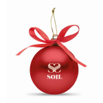 Boule de Noël à suspendre avec ruban, présentée dans une boîte cadeau couleur rouge troisième vue principale