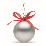 Boule de Noël à suspendre avec ruban, présentée dans une boîte cadeau couleur argenté troisième vue