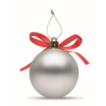 Boule de Noël à suspendre avec ruban, présentée dans une boîte cadeau couleur argenté quatrième vue
