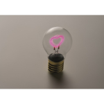 Ampoule LED avec filament en forme de cœur, fonctionnant avec piles couleur fuchsia fluorescent troisième vue photographique