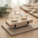 Bougeoir décoratif avec support en bois et en fer pour 2 bougies couleur bois vue d'ambiance