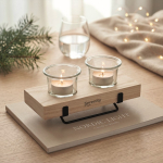 Bougeoir décoratif avec support en bois et en fer pour 2 bougies couleur bois vue d'ambiance principale