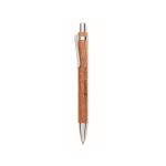 Stylo en bois d’acacia avec mécanisme à clic et encre bleue couleur bois vue avec zone d'impression