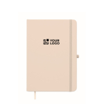Carnet A5 à couverture rigide en similicuir recyclé, pages lignées couleur blanc cassé vue avec zone d'impression