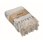 Plaid à franges en coton recyclé présenté avec un ruban 400 g/m² couleur beige vue principale