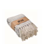 Plaid à franges en coton recyclé présenté avec un ruban 400 g/m² couleur beige vue avec zone d'impression
