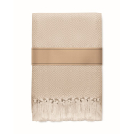 Plaid à franges en coton recyclé présenté avec un ruban 400 g/m² couleur blanc/gris deuxième vue