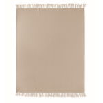 Plaid à franges en coton recyclé présenté avec un ruban 400 g/m² couleur blanc/gris quatrième vue