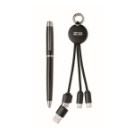 Coffret avec stylo en métal et porte-clés avec câble de charge 2 en 1 couleur noir vue avec zone d'impression