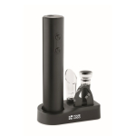 Set à vin en plastique avec tire-bouchon électrique et accessoires couleur noir vue avec zone d'impression