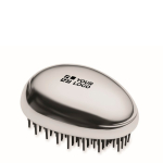 Brosse à cheveux en plastique et aluminium avec fonction démêlante couleur argenté brillant vue avec zone d'impression