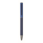Stylo en aluminium recyclé à mécanisme rotatif et finition caoutchouc couleur bleu quatrième vue