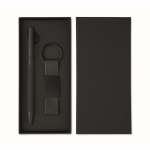 Coffret avec stylo en aluminium recyclé et porte-clés en similicuir couleur noir troisième vue