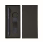 Coffret avec stylo en aluminium recyclé et porte-clés en similicuir couleur bleu troisième vue