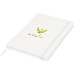 Carnet A5 à points avec élastique et ruban ton sur ton couleur blanc vue avec impression sérigraphique