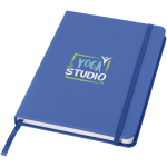 Carnet A5 à points avec élastique et ruban ton sur ton couleur bleu roi vue avec impression sérigraphique