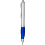 Stylo plastique recyclé à clic grip doux encre noire couleur bleu roi vue latérale
