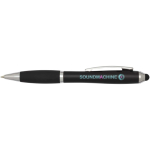 Stylo rotatif avec stylet et grip doux encre bleue couleur noir vue avec impression sérigraphique