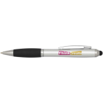 Stylo rotatif avec stylet et grip doux encre noire couleur argenté vue avec impression sérigraphique