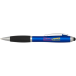 Stylo rotatif avec stylet et grip doux encre noire couleur bleu roi vue avec impression sérigraphique