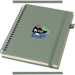 Carnet A5 à spirale et rigide en cuir synthétique JournalBooks couleur vert chiné vue avec impression sérigraphique