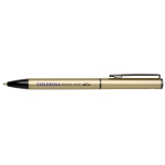 Stylo alu recyclé à mécanisme rotatif avec encre bleue couleur doré vue avec impression sérigraphique