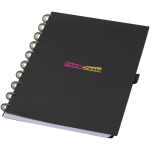 Agenda avec couverture en cuir synthétique et système à disques couleur noir vue avec impression sérigraphique