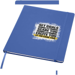 Carnet A4 rigide cuir synthétique ligné avec élastique couleur bleu roi vue avec impression sérigraphique