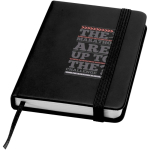 Carnet A7 rigide en cuir synthétique ave célastique, feuilles lignées couleur noir vue avec impression sérigraphique