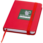 Carnet A7 rigide en cuir synthétique ave célastique, feuilles lignées couleur rouge vue avec impression sérigraphique