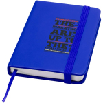 Carnet A7 rigide en cuir synthétique ave célastique, feuilles lignées couleur bleu roi vue avec impression sérigraphique