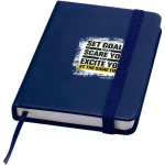 Carnet A7 rigide en cuir synthétique ave célastique, feuilles lignées couleur bleu marine vue avec impression sérigraphique