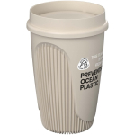 Gobelet simple paroi 350 ml couvercle 360° bord isolant couleur sable vue avec logo