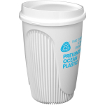 Gobelet réutilisable 350 ml couvercle clip bord isolant couleur blanc vue avec logo