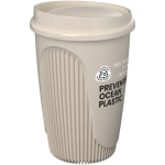 Gobelet réutilisable 350 ml couvercle clip bord isolant couleur sable vue avec logo