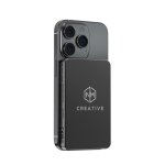 Batterie externe magnétique écologique, charge sans fil 15 W 5 000 mAh couleur noir vue avec logo