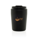 Tasse isotherme en plastique avec couvercle anti-goutte 220 ml couleur noir vue avec logo