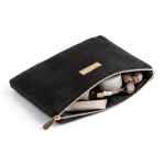 Trousse en tissu texturé avec zip et base étroite pratique couleur noir quatrième vue