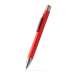 Stylo à poussoir en aluminium recyclé au toucher gomme et encre bleue couleur rouge première vue d'usage
