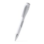 Stylo en plastique avec lampe LED, mécanisme à bouton-poussoir et encre bleue couleur blanc première vue d'usage