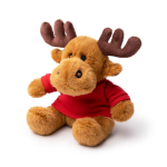 Peluche de renne assis en polyester doux avec t-shirt uni couleur rouge première vue d'usage