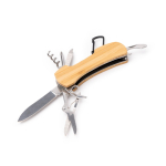 Outil multifonction en bambou et acier inoxydable avec mousqueton couleur naturel première vue d'usage
