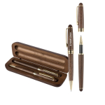 Set d'écriture bois et laiton avec étui bois, encre bleue couleur marron avec zone d'impression