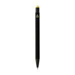 Stylo aluminium recyclé revêtement gomme à encre bleue couleur jaune troisième vue