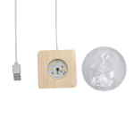 Décoration de Noël boule de verre avec base en bois et lumière chaude