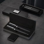 Set stylo-bille et roller en acier inoxydable avec étui et encre bleue