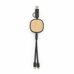 Câble de charge rétractable double 3 en 1 en bambou, longueur 1 m couleur noir vue frontale