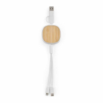 Câble de charge rétractable double 3 en 1 en bambou, longueur 1 m couleur blanc vue frontale
